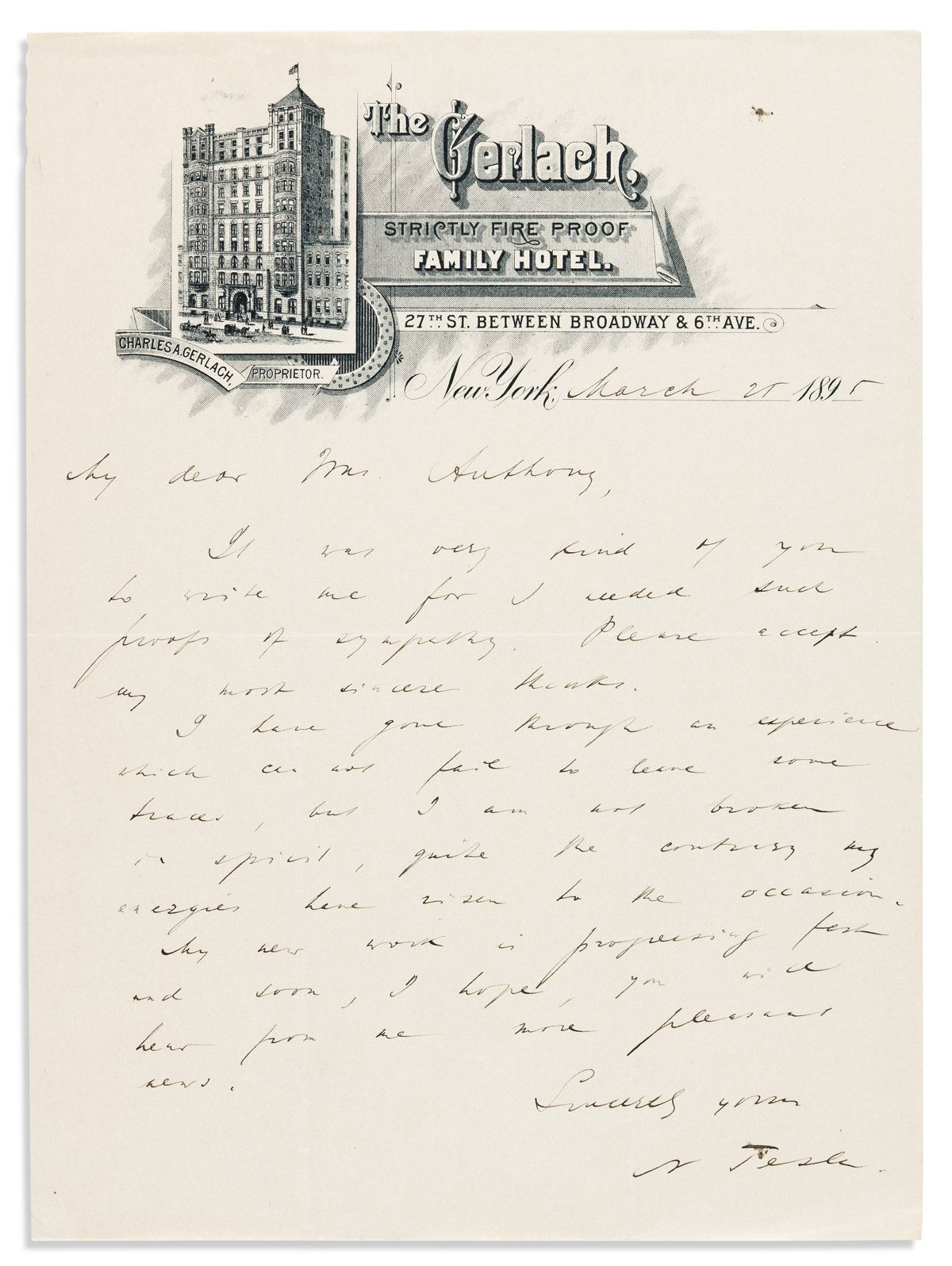 TESLA, NIKOLA. Three Autograph Letters Signed, N Tesla, to My dear Mrs. Anthony,